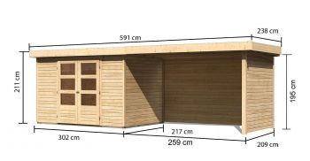 Dřevěný zahradní domek Karibu ASKOLA 4 přístavek 280 cm včetně zadní a boční stěny (77734) natur