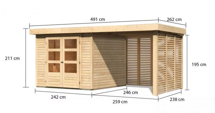 Dřevěný zahradní domek Karibu ASKOLA 3,5 přístavek 240 cm včetně zadní a boční stěny (9147) natur
